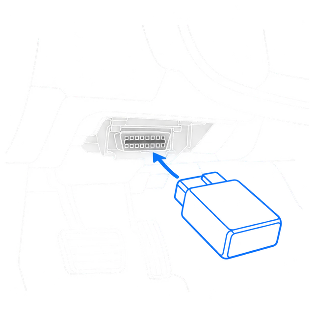 An OBD-II adapter being plugged into the diagnostic port under the dashboard.
