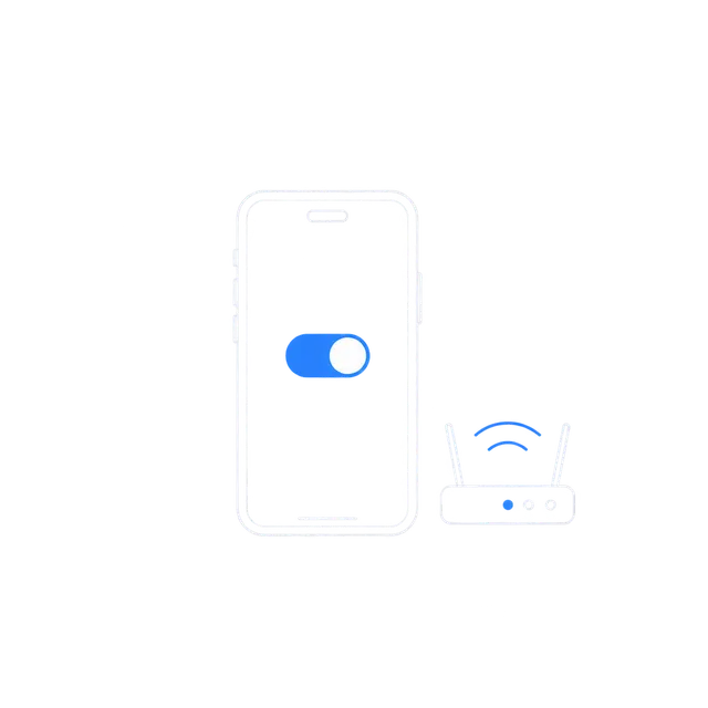 Line illustration of an iPhone with a local network toggle next to a Wi-Fi OBD adapter.
