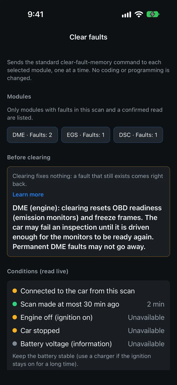 Clear faults screen with module selection, warnings and live conditions