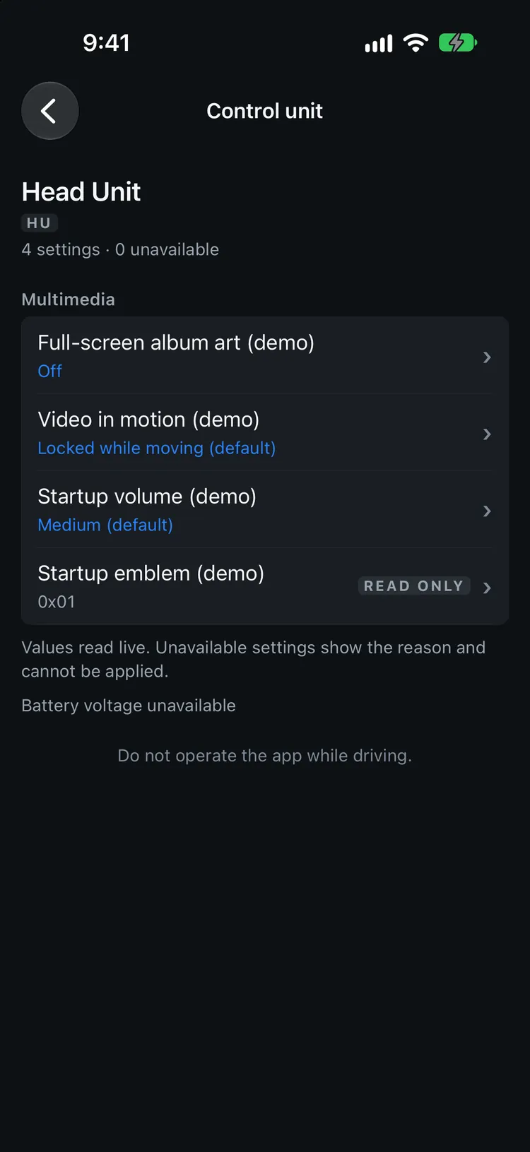 Coding screen for the head unit listing multimedia settings with their current values