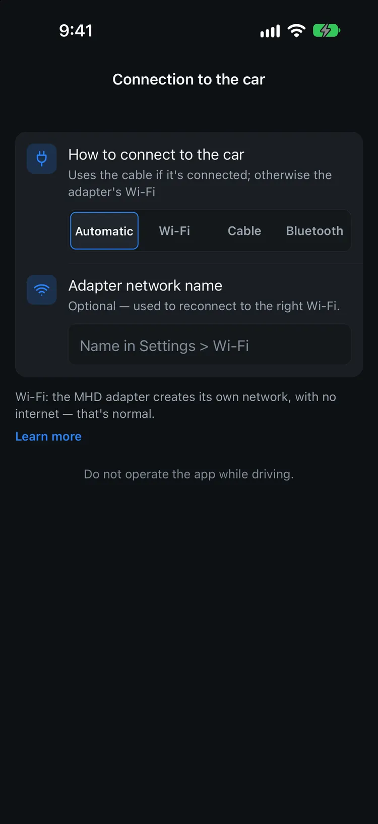 Garage OBD connection settings with Automatic, Wi-Fi, Cable and Bluetooth options