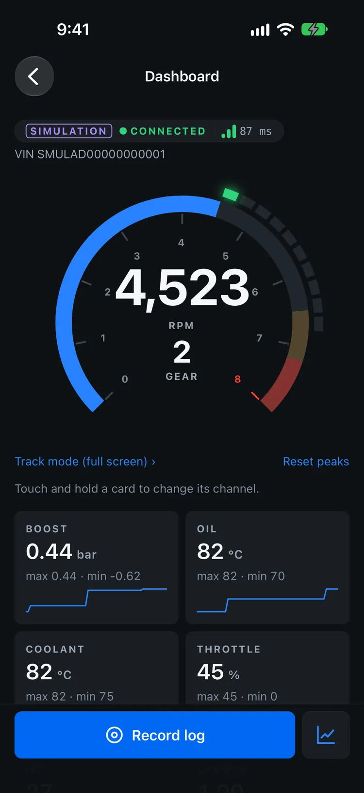 Garage OBD live dashboard with RPM gauge, gear, boost and oil temperature