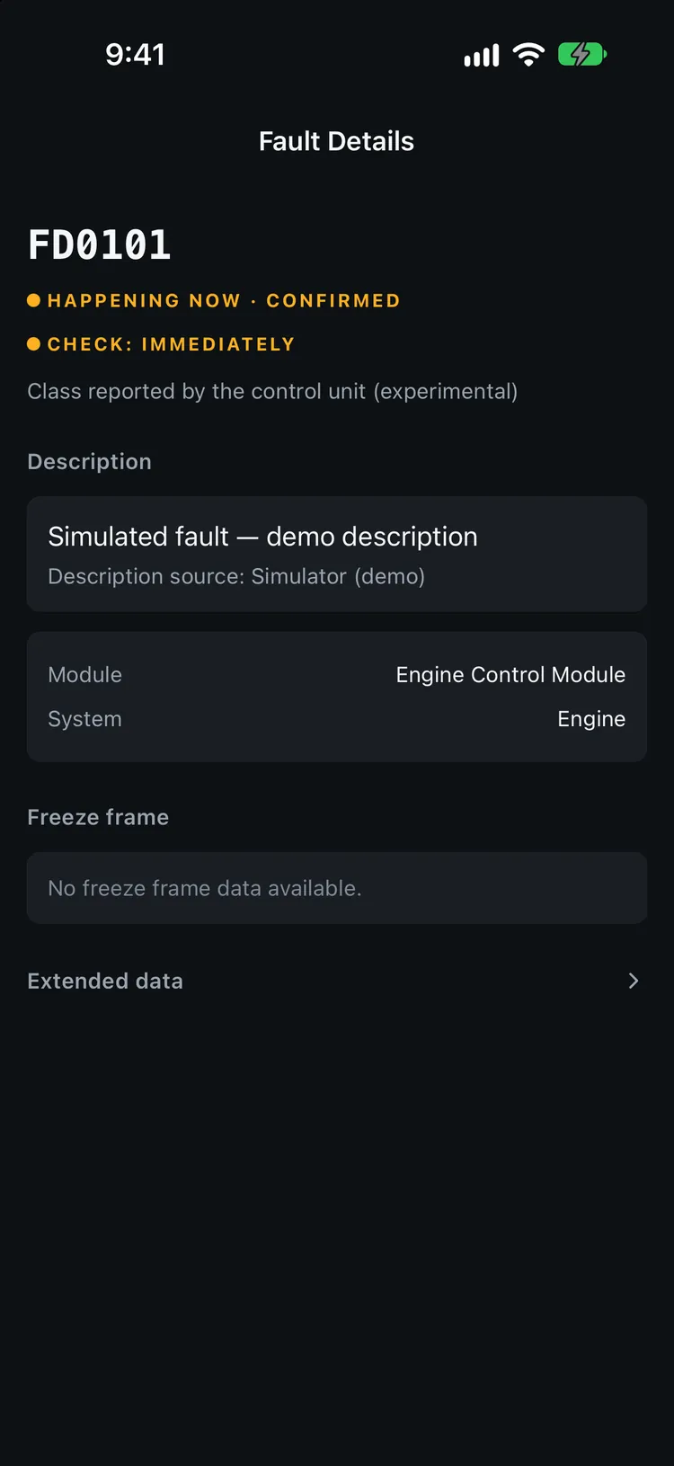 Garage OBD fault detail with status, severity, description and freeze frame