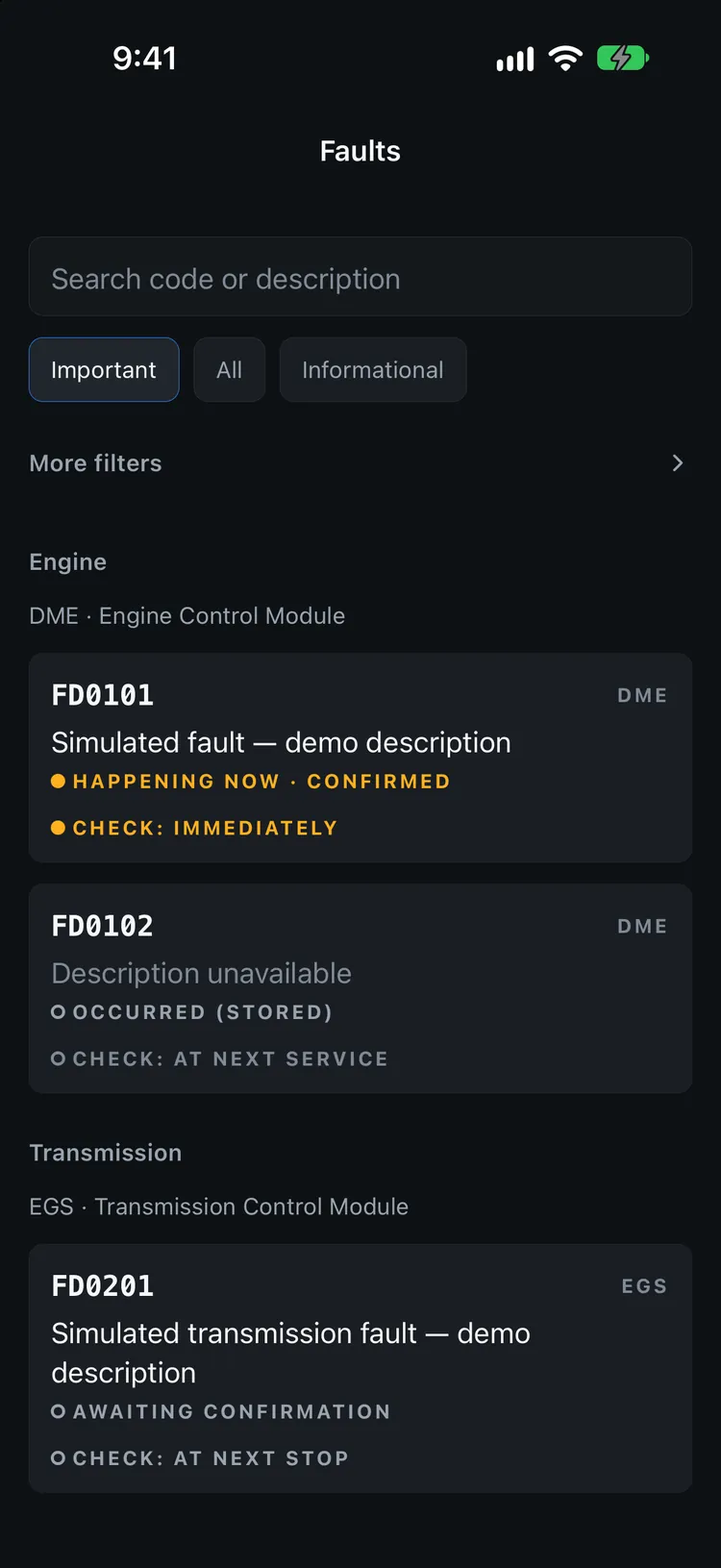 Garage OBD fault list grouped by system, with status and severity for each fault