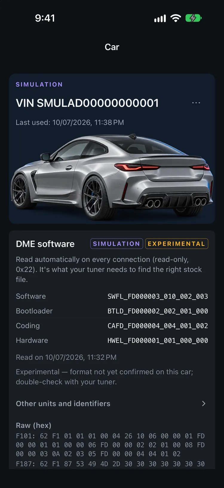 Car screen in the Garage showing the engine module software identification