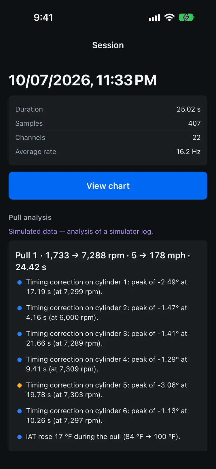 Garage OBD session screen with automatic pull analysis