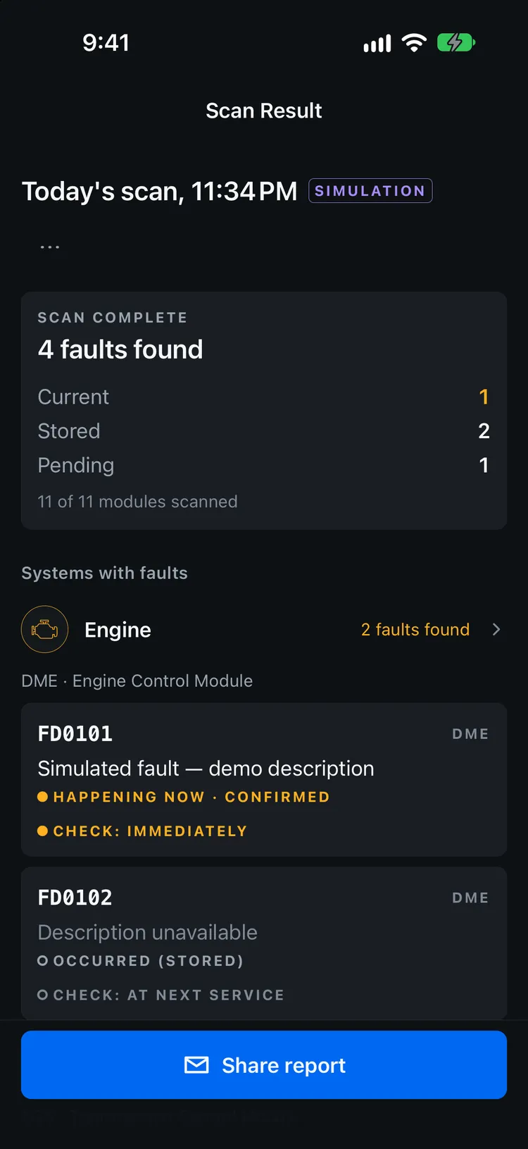 Garage OBD scan result with fault counts and systems that have faults