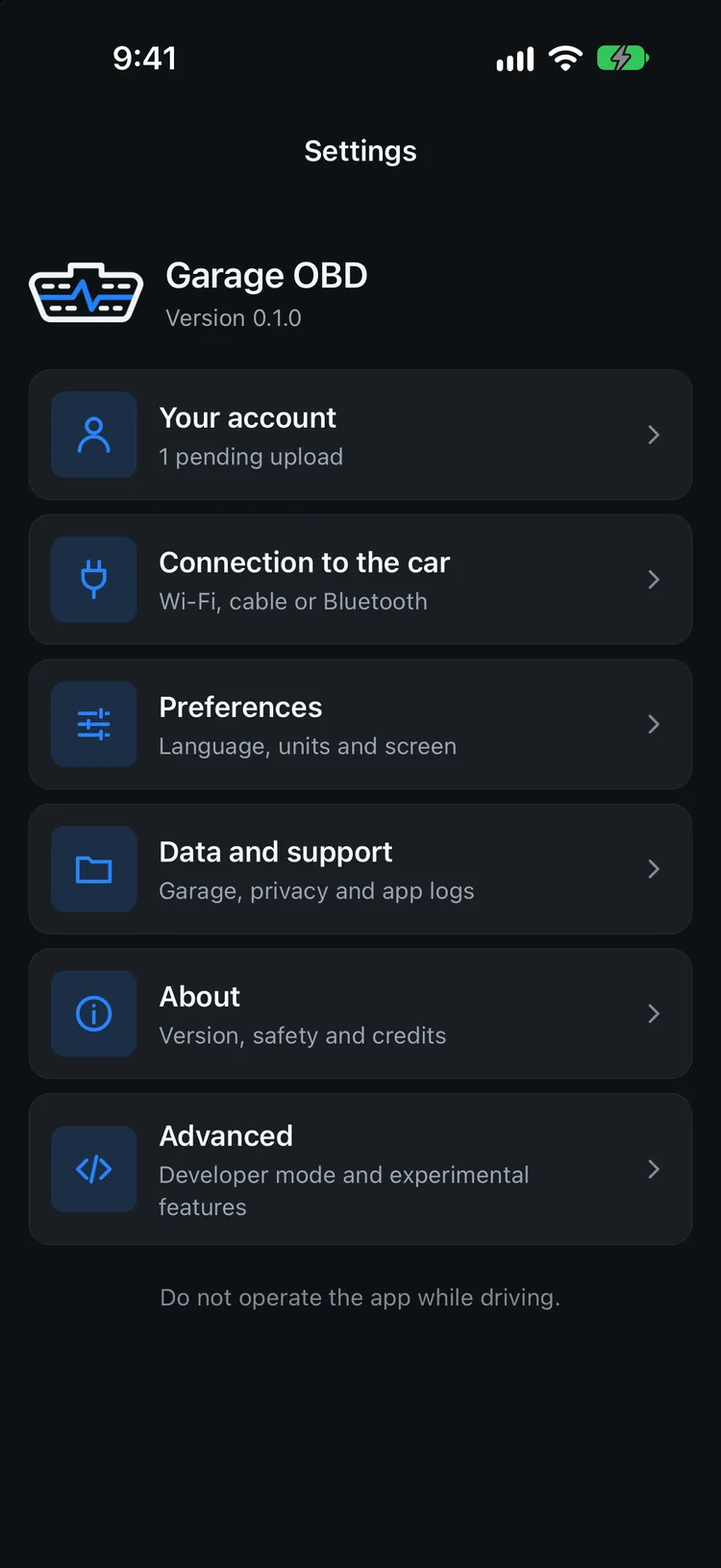 Garage OBD settings with account, connection, preferences, data and support, advanced and about