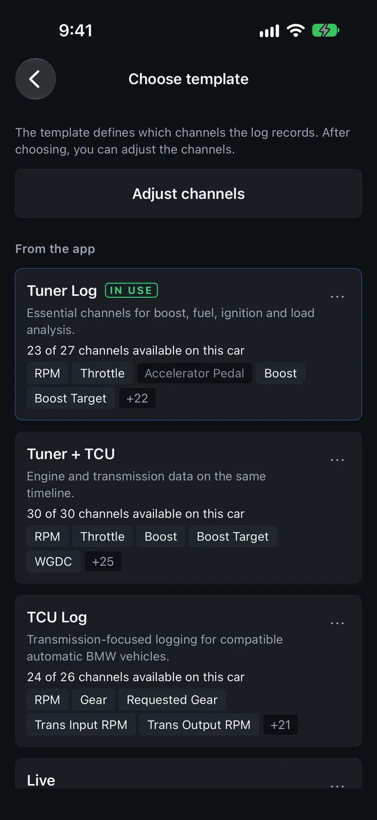 Choose template screen listing ready-made log templates and the channels available on the car