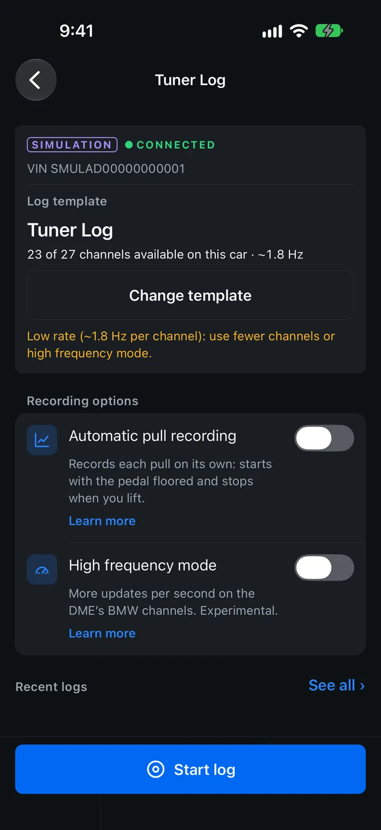 Garage OBD Tuner Log setup screen with log template, automatic pull recording and high frequency mode