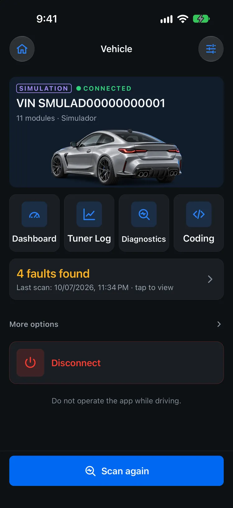 Garage OBD vehicle screen showing a connected car with shortcuts to Dashboard, Tuner Log, Diagnostics and Coding